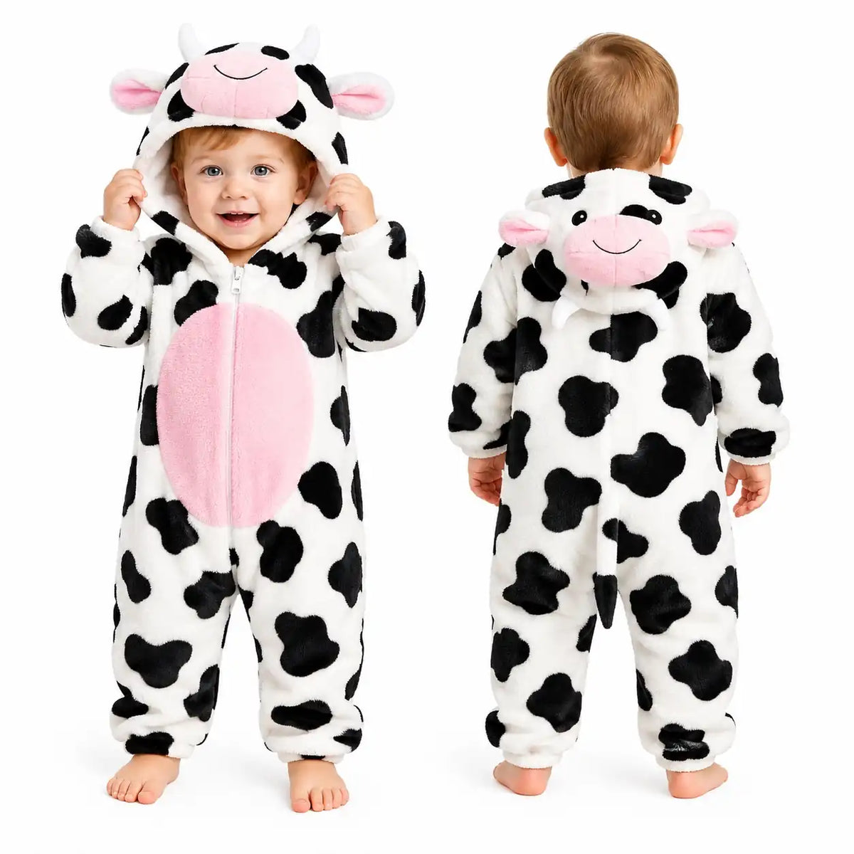 Cow character hooded winter fleece romper jumpsuit front and back view