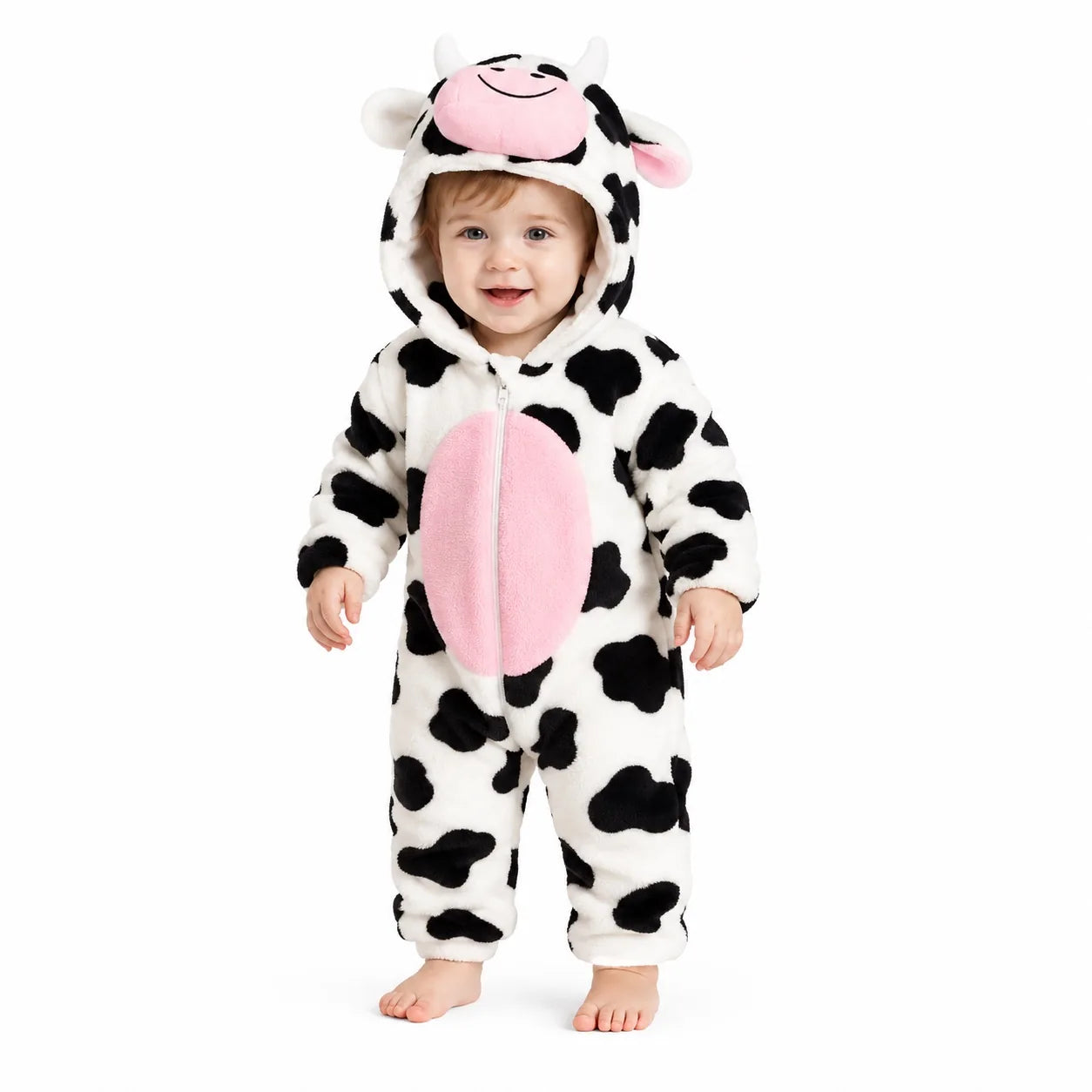 Cow character hooded winter fleece romper jumpsuit black white and pink front view