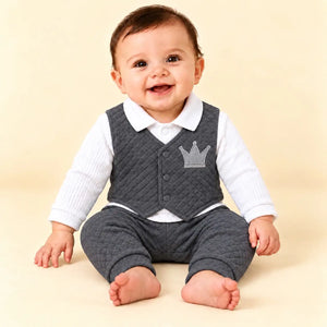 Baby wearing dark grey quilted attached waistcoat shirt with silver-grey crown embroidery and matching dark grey pajama