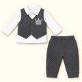 Baby dark grey quilted waistcoat style shirt with attached white collared shirt, silver crown embroidery and matching pajama