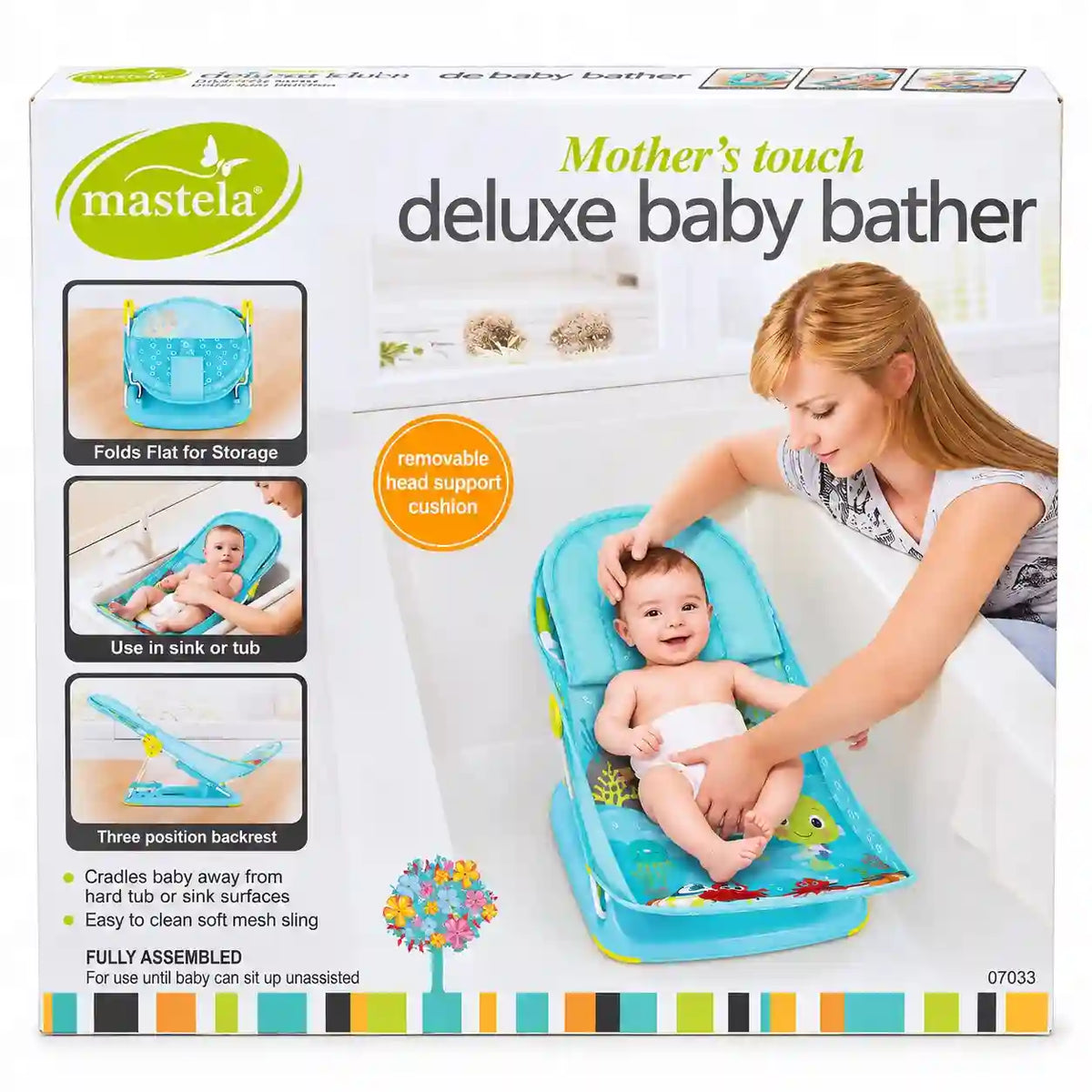 Mastela Deluxe Baby Bather aqua blue box with removable head support and fold-flat design