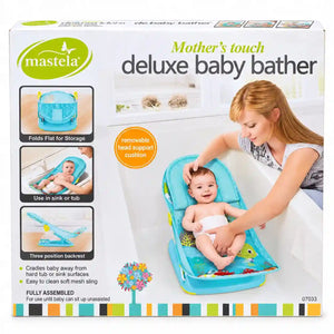 Mastela Deluxe Baby Bather aqua blue box with removable head support and fold-flat design