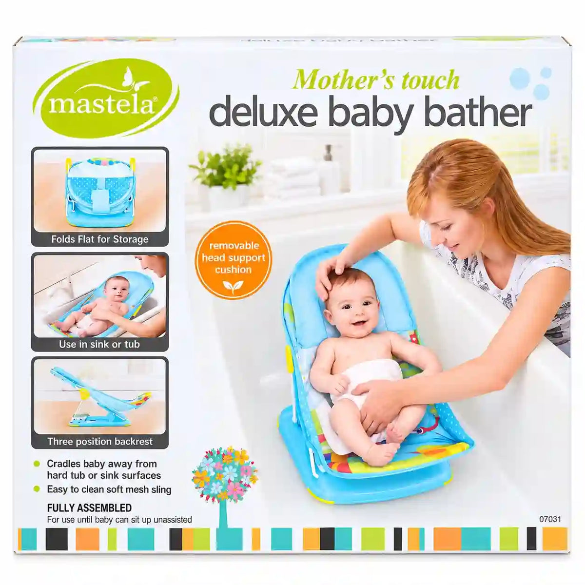 Mastela Deluxe Baby Bather blue box with 3-position backrest and removable head support