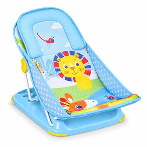 Mastela Deluxe Baby Bather blue with lion print soft mesh sling and adjustable backrest