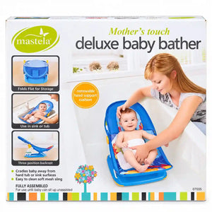 Mastela Deluxe Baby Bather box showing adjustable bath support features