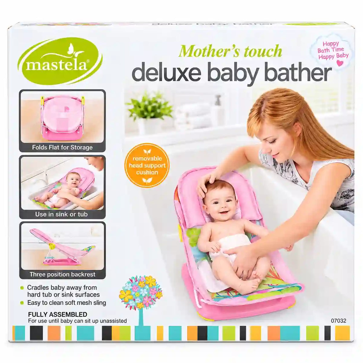 Mastela Deluxe Baby Bather pink box with removable head support and fold-flat design