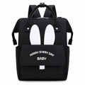 Black baby diaper backpack bag with bunny ear design, front pocket and carry handles