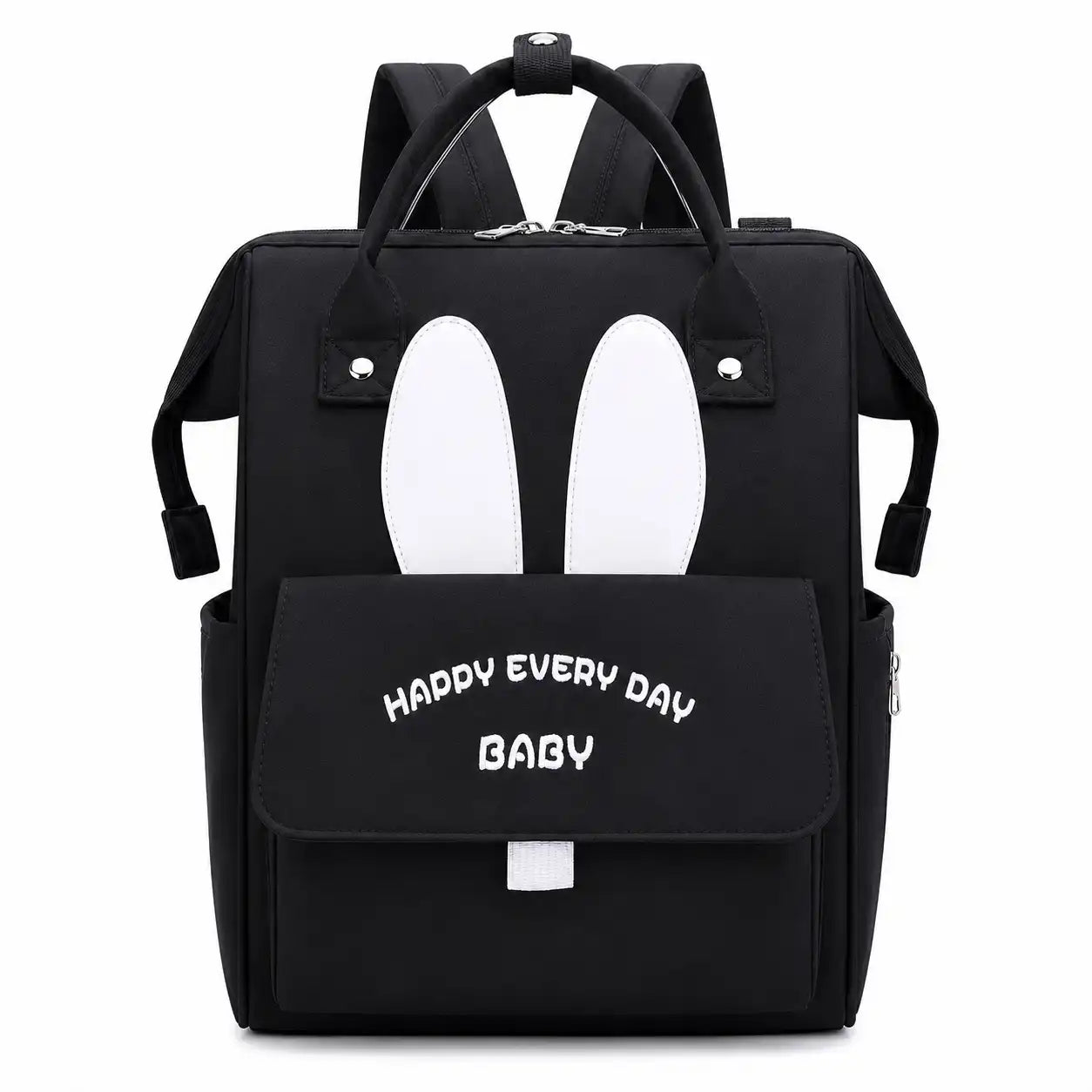 Black baby diaper backpack bag with bunny ear design, front pocket and carry handles