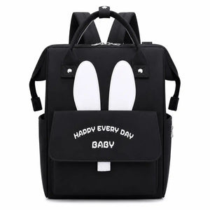 Black baby diaper backpack bag with bunny ear design, front pocket and carry handles
