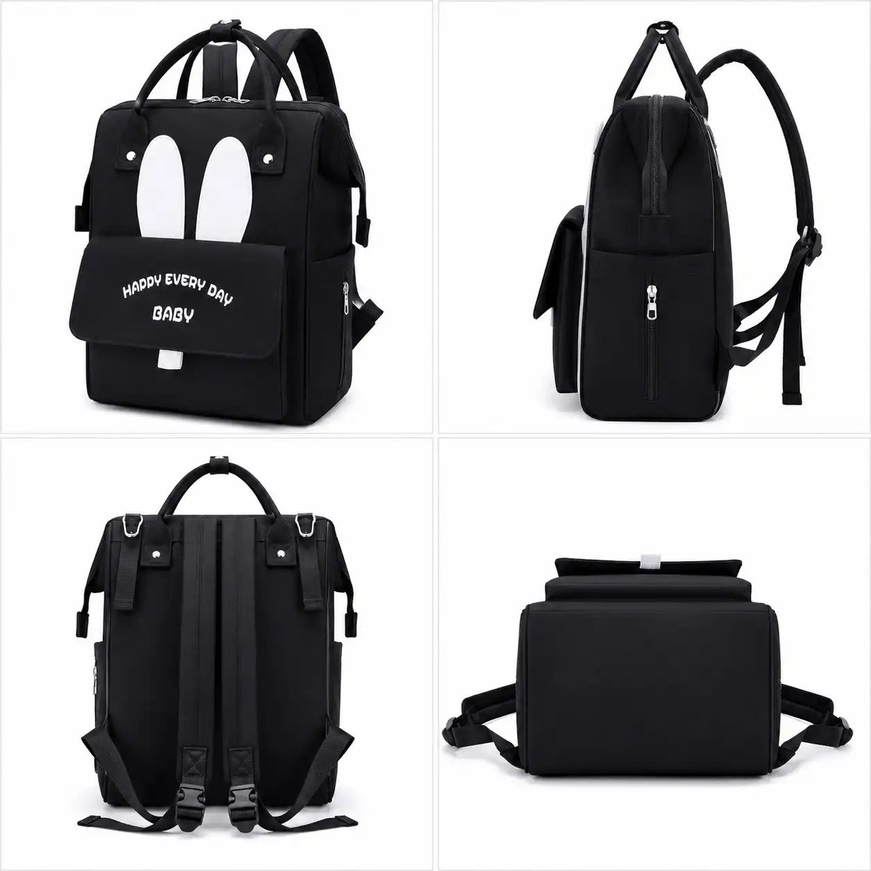 Black baby diaper backpack size 38 × 26 × 18 cm with front and side view