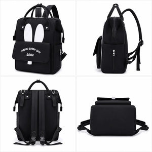 Black baby diaper backpack size 38 × 26 × 18 cm with front and side view