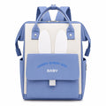 Blue baby diaper backpack bag with bunny ear design, front flap pocket and top carry handles