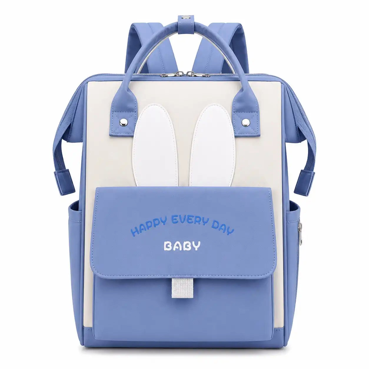 Blue baby diaper backpack bag with bunny ear design, front flap pocket and top carry handles