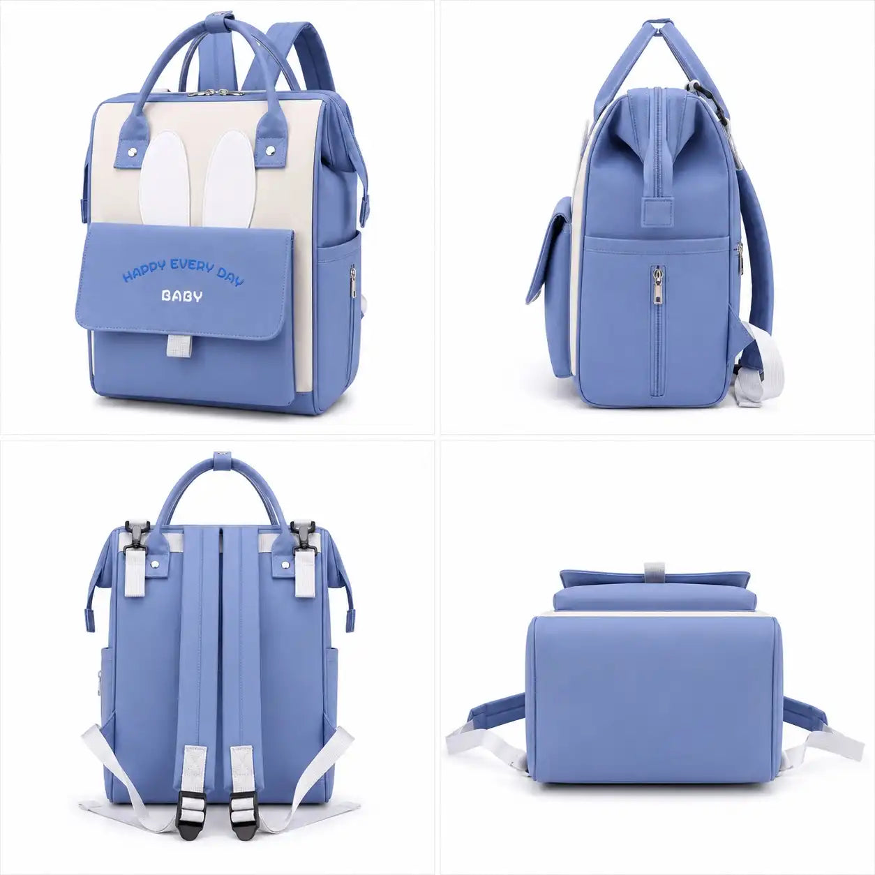 Blue baby diaper backpack bag showing front, side, back and bottom views