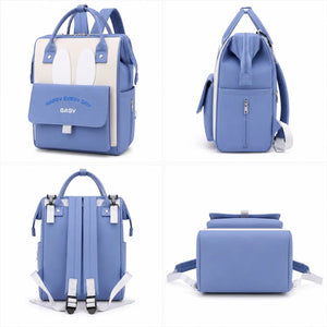 Blue baby diaper backpack bag showing front, side, back and bottom views