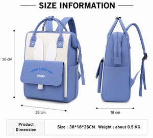 Blue baby diaper backpack size 38 × 26 × 18 cm with front and side views