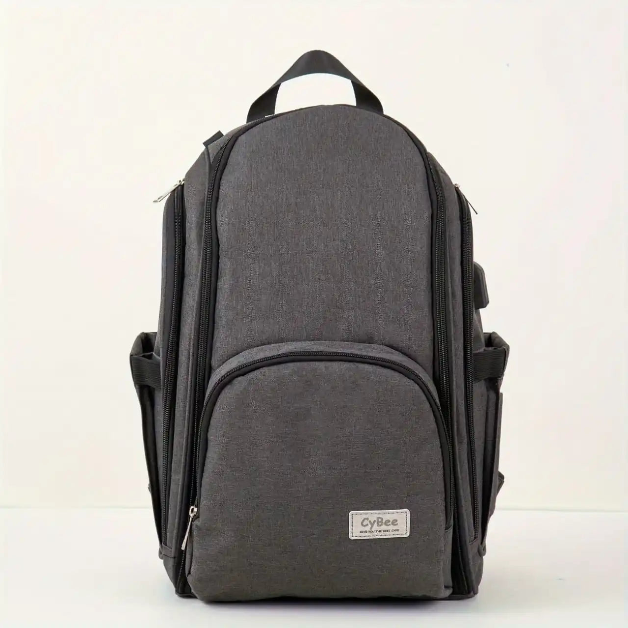 Dark grey baby diaper backpack with multiple compartments and side bottle pockets, front view