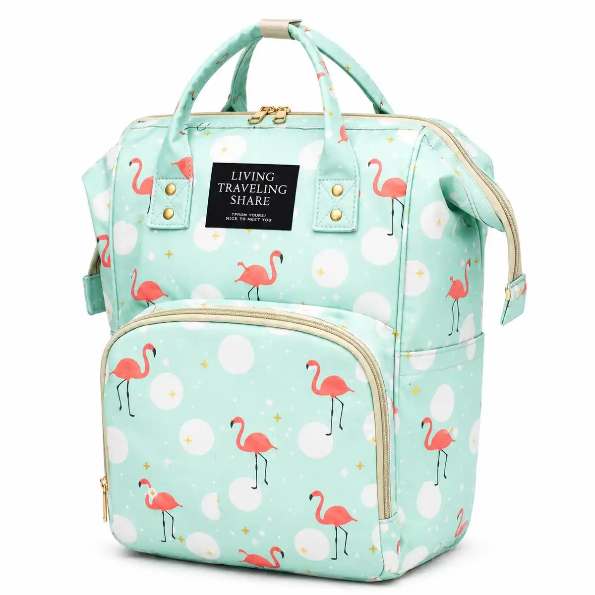 Baby diaper backpack with flamingo print – Mint Green
