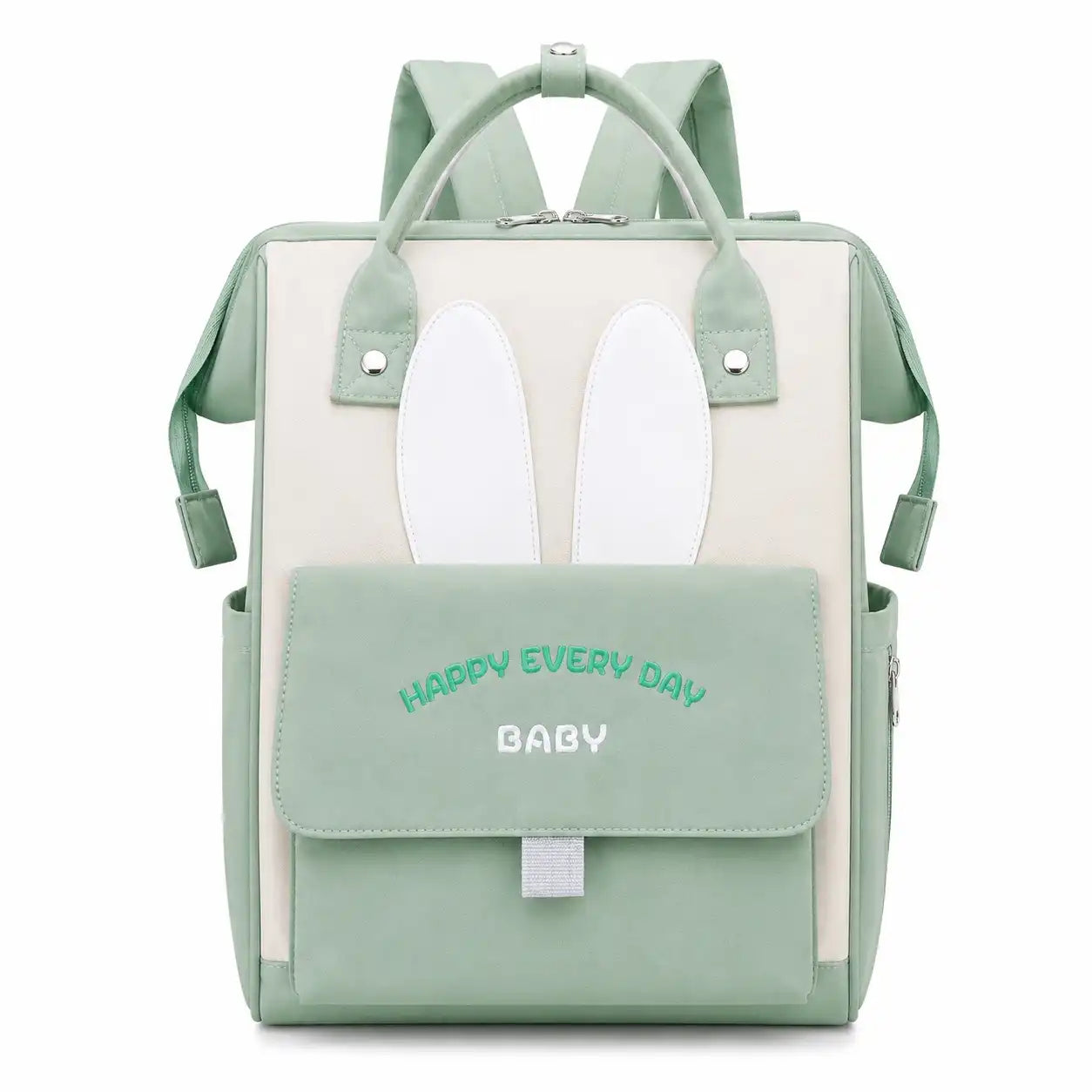 Mint green baby diaper backpack bag with bunny ear design, front pocket and carry handles
