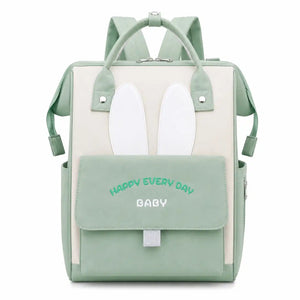 Mint green baby diaper backpack bag with bunny ear design, front pocket and carry handles