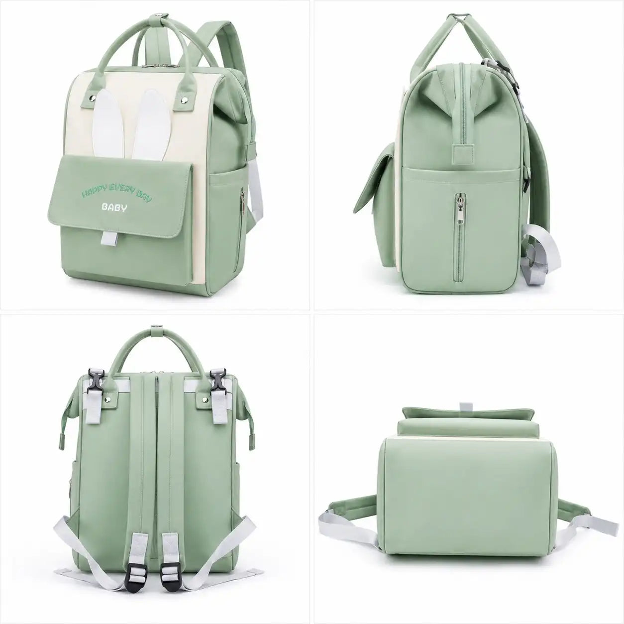 Mint green baby diaper backpack showing front, side, back and bottom views