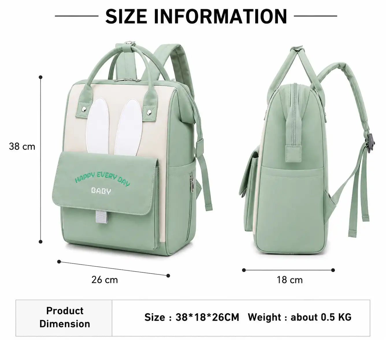 Mint green baby diaper backpack size 38 × 26 × 18 cm with front and side view