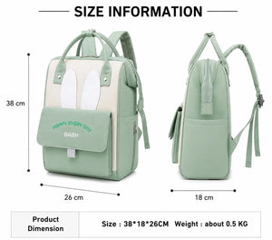Mint green baby diaper backpack size 38 × 26 × 18 cm with front and side view
