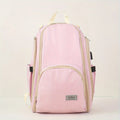 Pink baby diaper backpack with multiple zip compartments and side bottle pockets, front view