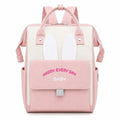 Baby pink diaper backpack bag with bunny ear design, front flap pocket and top carry handles