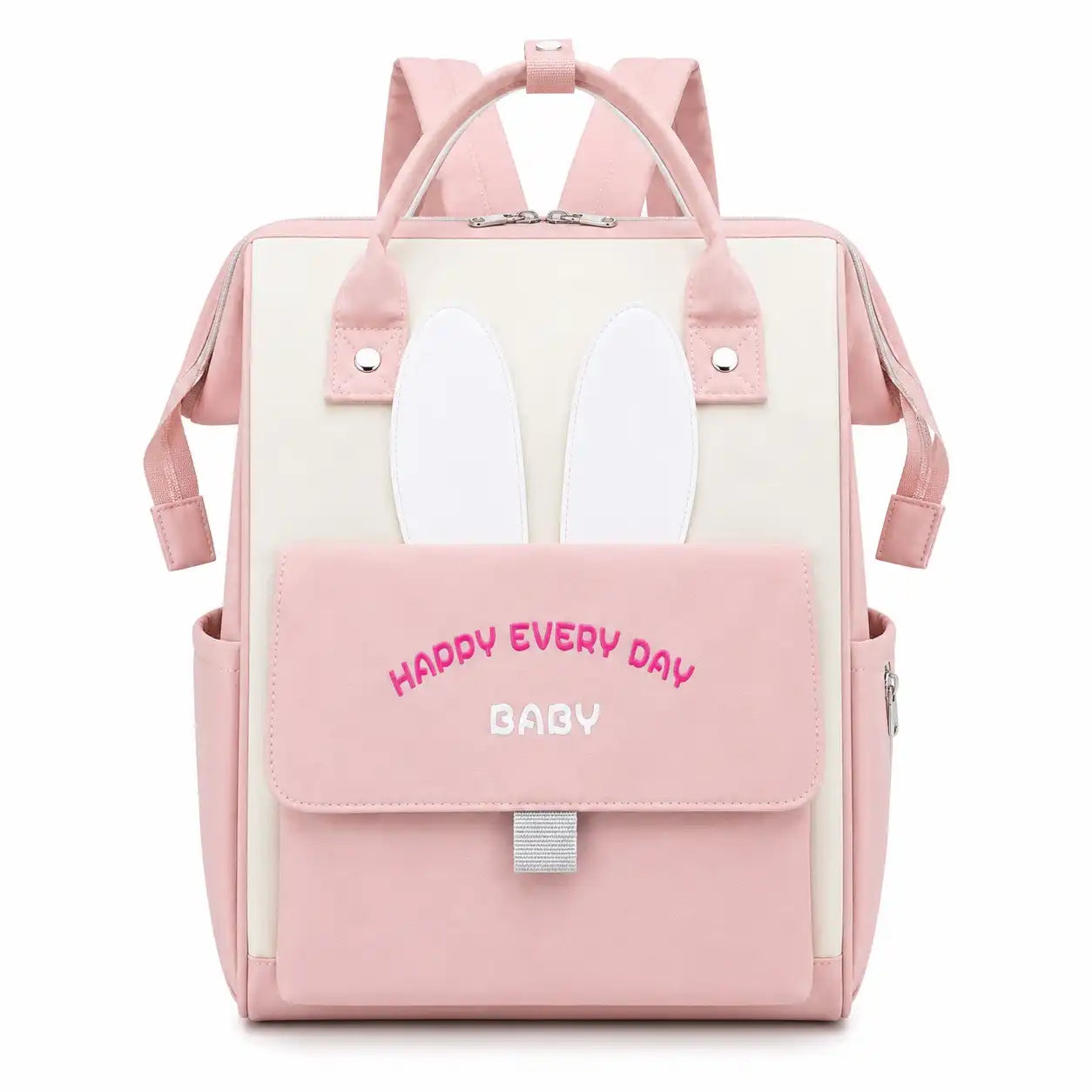 Baby pink diaper backpack bag with bunny ear design, front flap pocket and top carry handles