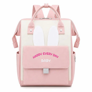 Baby pink diaper backpack bag with bunny ear design, front flap pocket and top carry handles