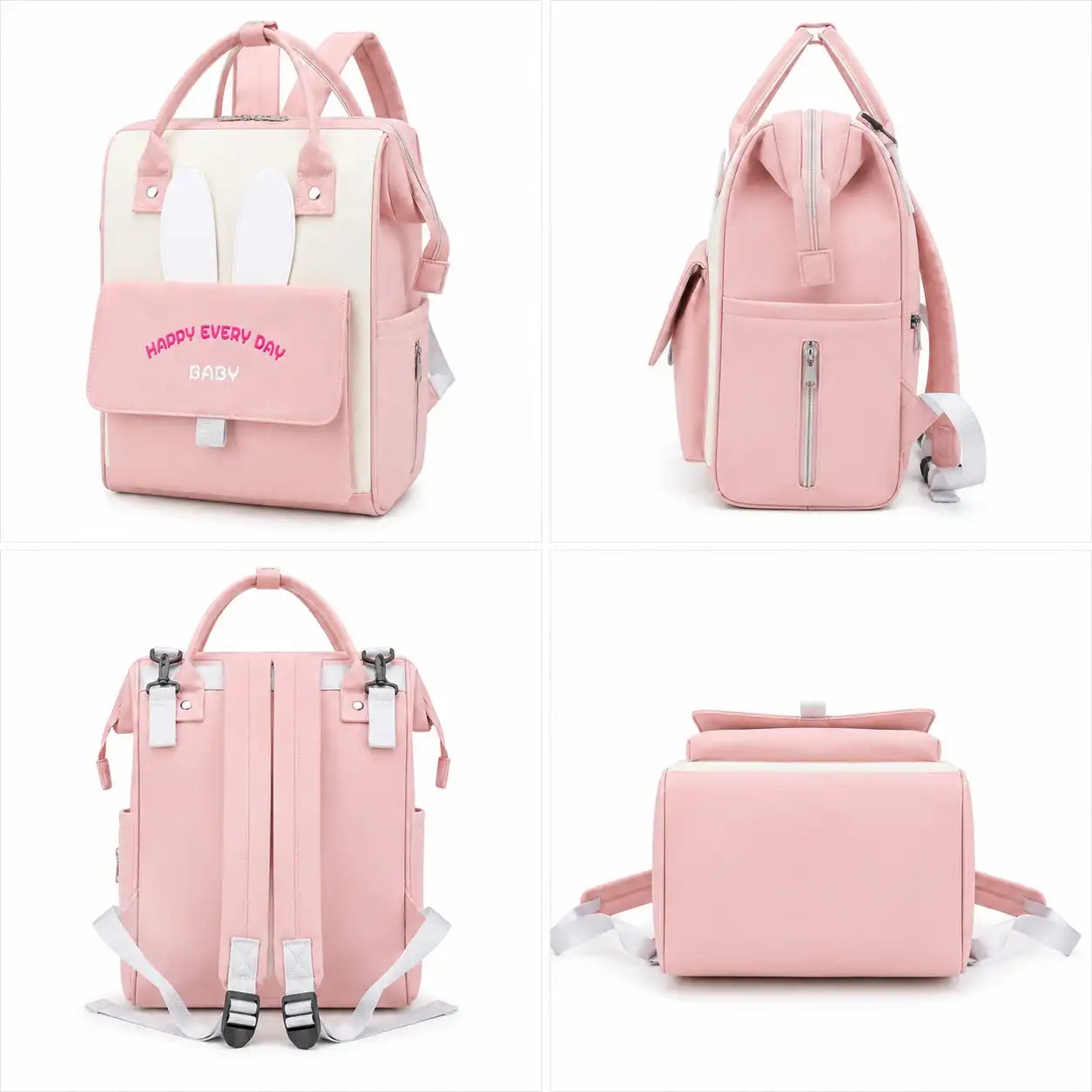 Baby pink diaper backpack bag showing front, side, back and bottom views