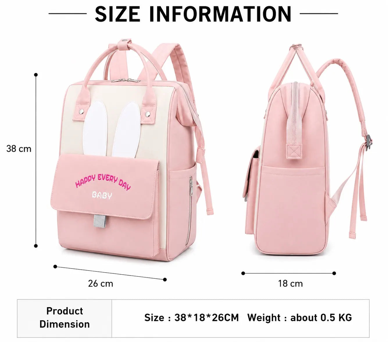 Baby pink diaper backpack size 38 × 26 × 18 cm with front and side views