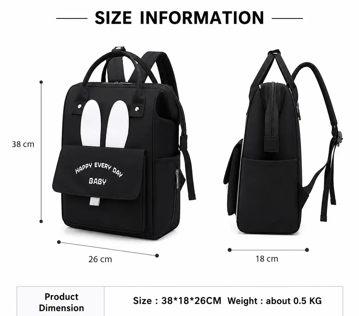Black baby diaper backpack bag showing front, side, back and bottom views