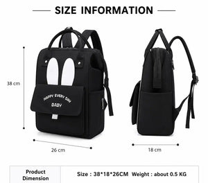 Black baby diaper backpack bag showing front, side, back and bottom views