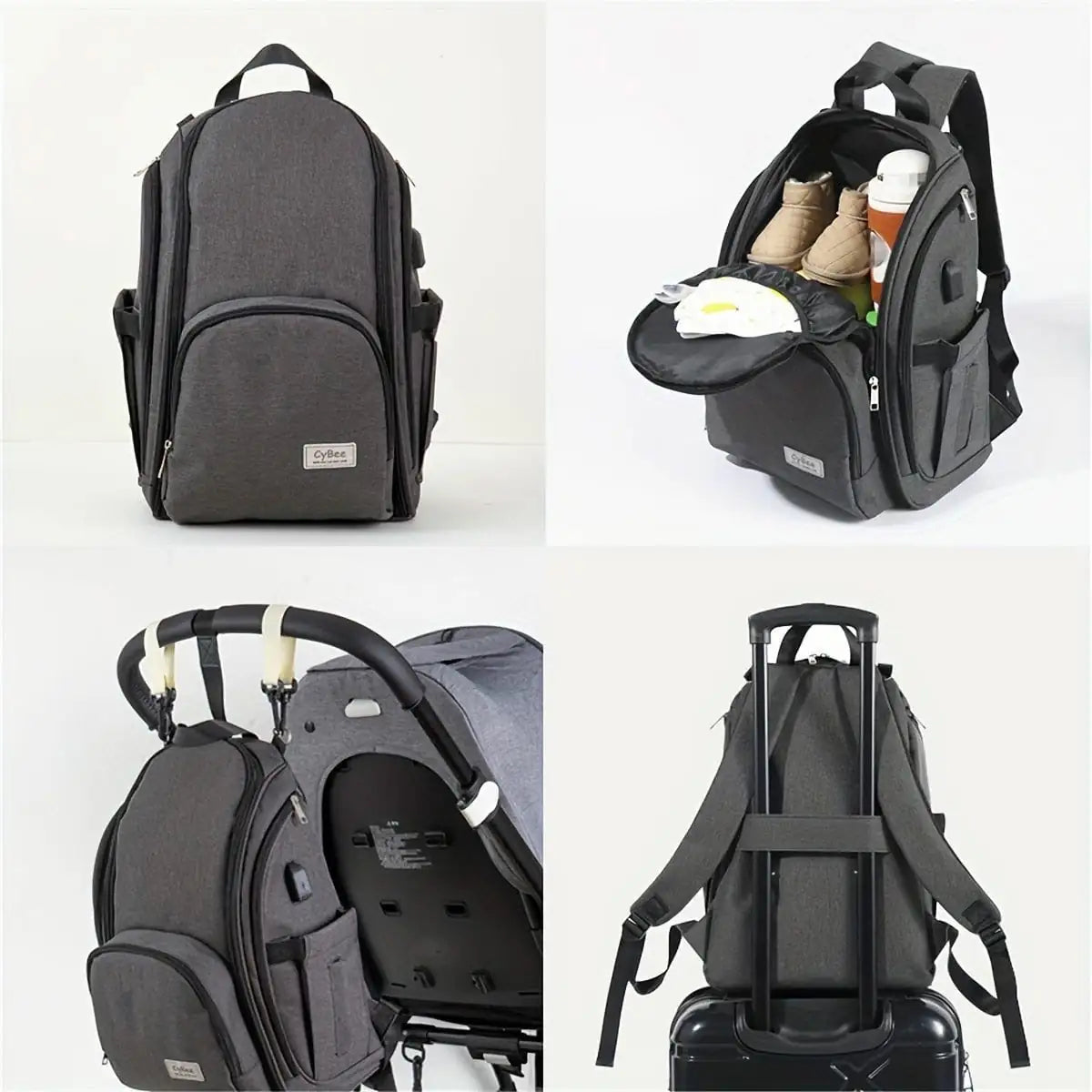 Dark grey baby diaper backpack showing large storage, stroller attachment and luggage trolley strap features