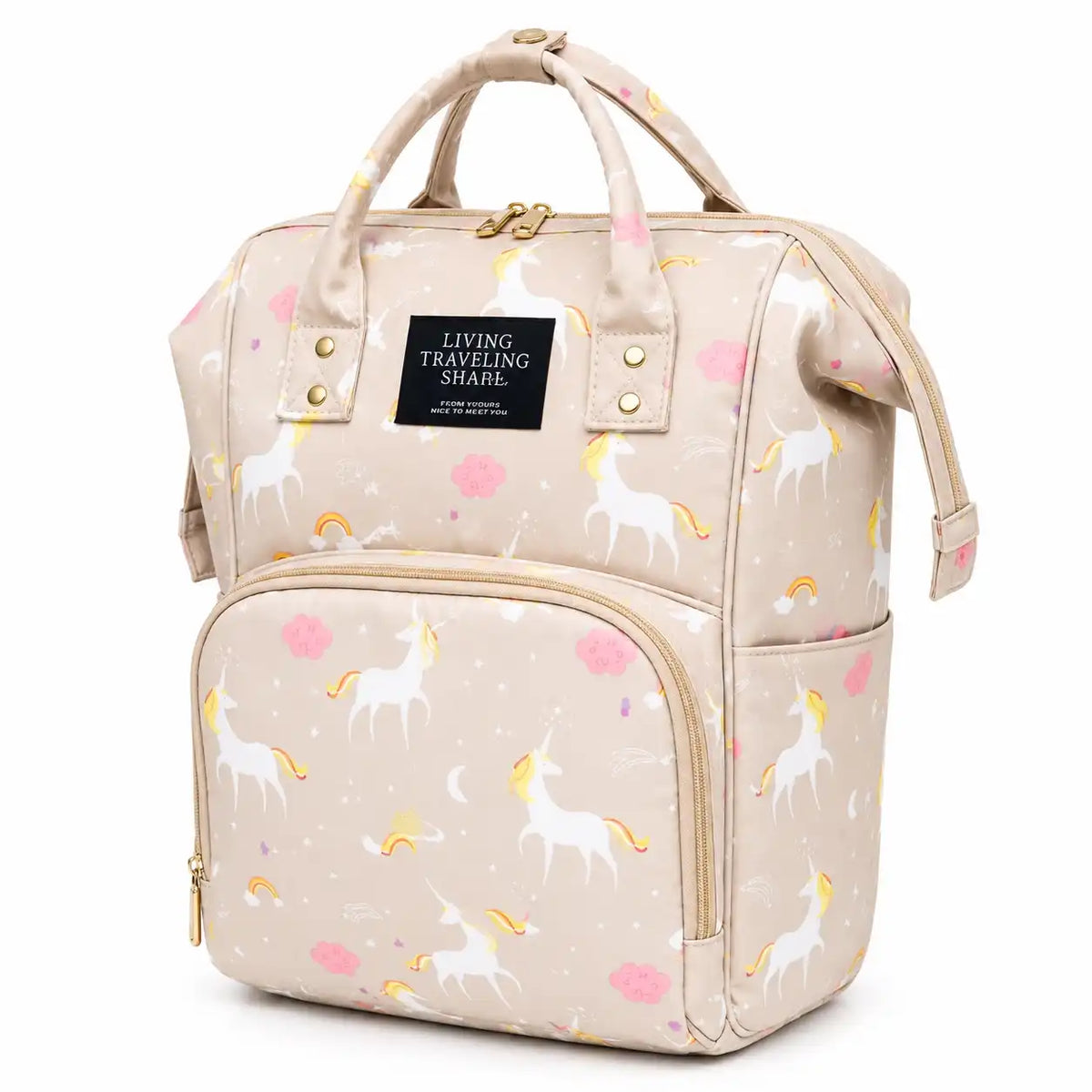 Baby diaper backpack with unicorn print – Beige