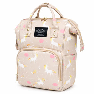 Baby diaper backpack with unicorn print – Beige