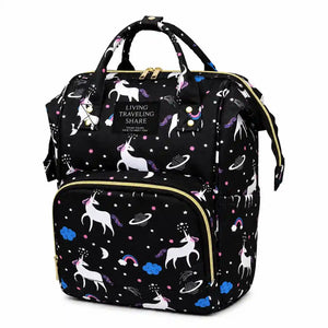 Baby diaper backpack with unicorn print – Black