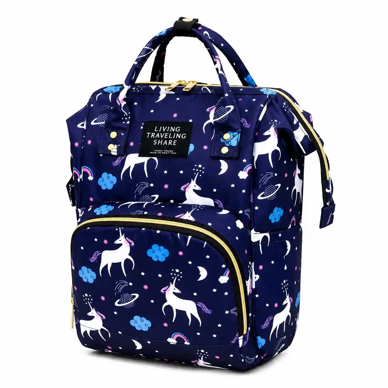 Baby diaper backpack with unicorn print – Navy Blue