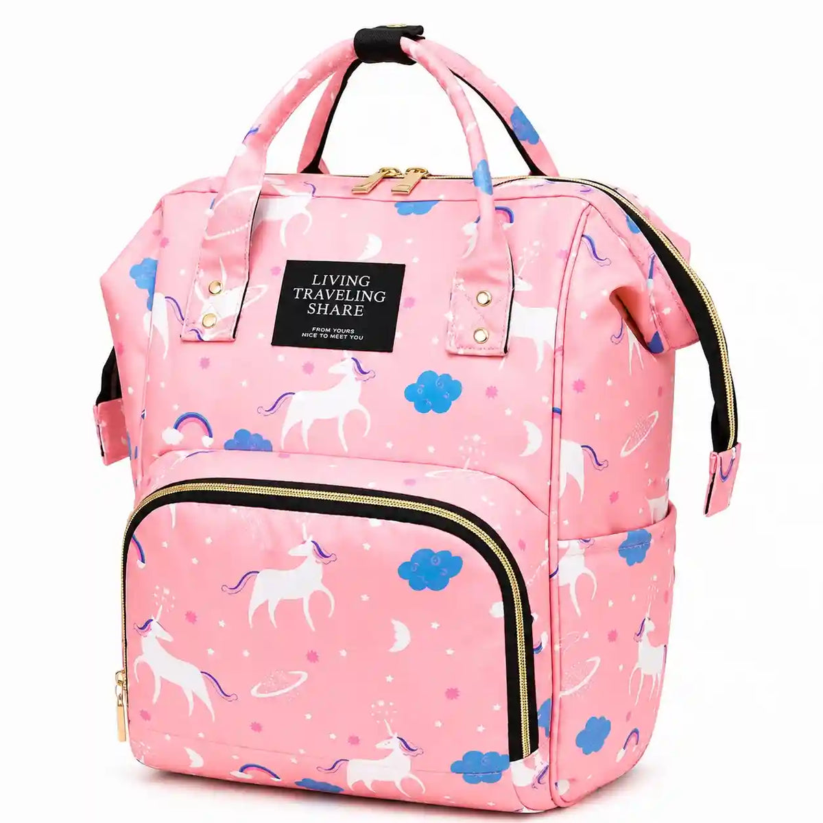 Baby diaper backpack with unicorn print – Pink