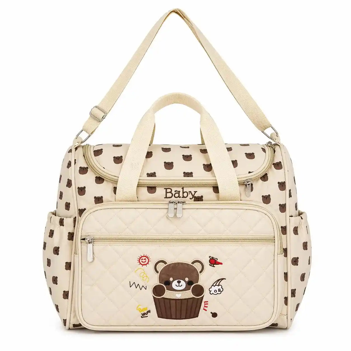 Beige Baby Diaper Bag with Large Capacity Multiple Pockets and Adjustable Shoulder Strap for Baby Essentials