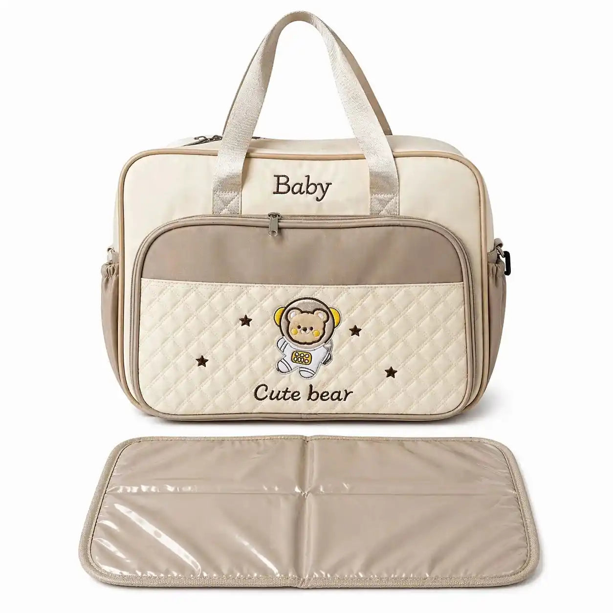Beige Baby Diaper Bag with Foldable Changing Mat Multiple Compartments and Side Bottle Pockets