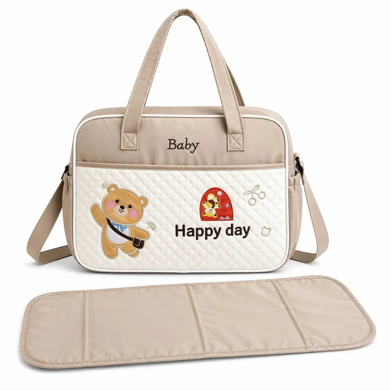 Beige baby diaper bag with spacious compartments and matching changing mat