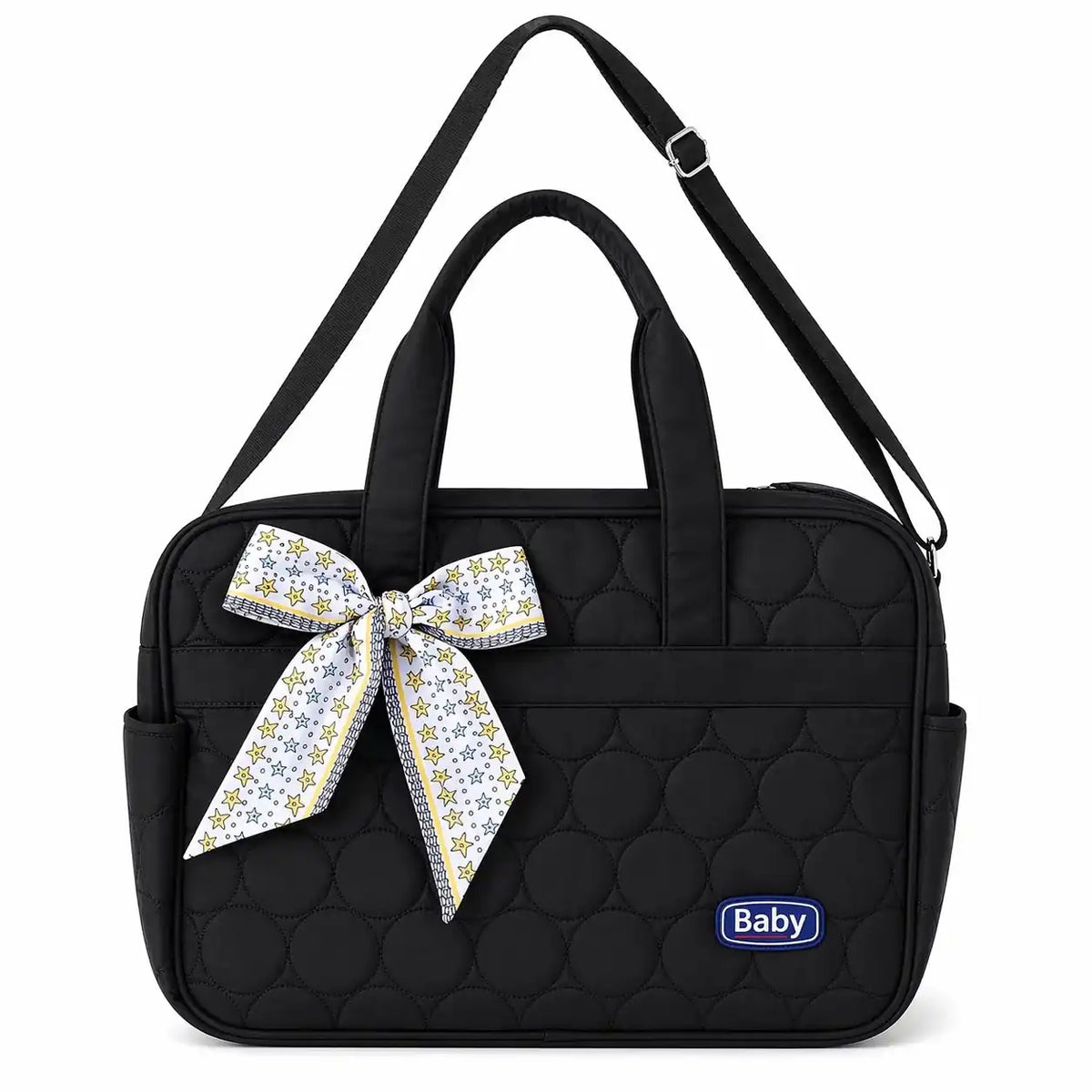 Black quilted baby diaper bag with decorative bow and adjustable shoulder strap