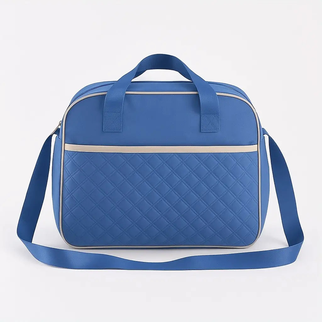 Blue baby diaper bag back view with quilted texture and carry handles