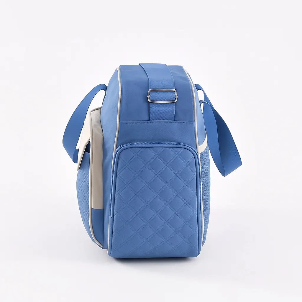 Blue large capacity baby diaper bag side view with detachable shoulder strap