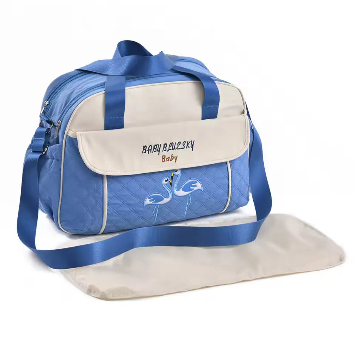 Large capacity blue baby diaper bag with adjustable shoulder strap and matching changing pad