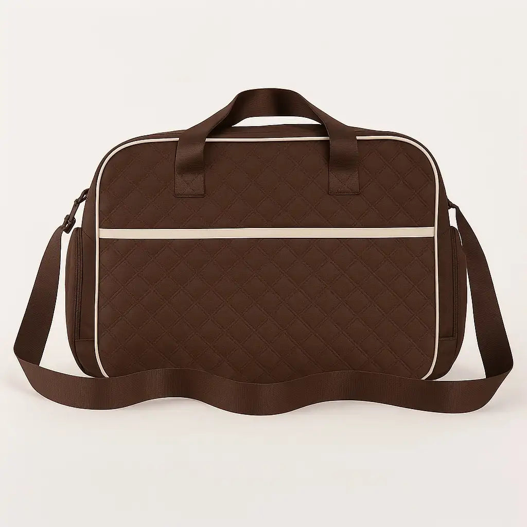 Chocolate brown baby diaper bag back view with quilted fabric and carry handles