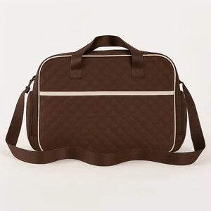 Chocolate brown baby diaper bag back view with quilted fabric and carry handles